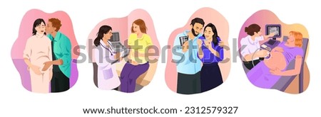 Set of young pregnant woman with husband. Pregnancy family couple in clinic or hospital. Happy healthy motherhood. Colorful cartoon image. Analyses in medical clinics at doctor. Vector illustration