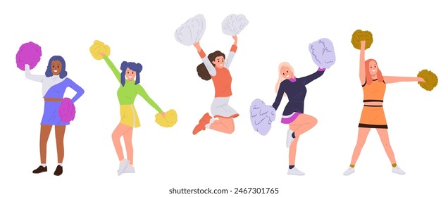 Set of young pretty girls cheerleaders cartoon characters dancing performing with vibrant pompoms