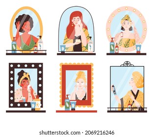 Set of young pretty women cartoon characters near mirror taking care of face and skin, flat vector illustration isolated on white background. Beauty routine collection.