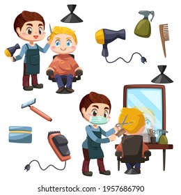 Set of young Professional barber making haircut to a client with scissors at barbershop in cartoon character and difference action, isolated vector illustration