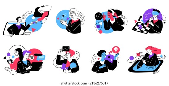 Conjunto de jóvenes programadores. Hombres y mujeres trabajando en la creación de aplicaciones, sitios web y juegos. Desarrolladores de software e interfaces de usuario. Caricatura moderna de colección vectorial plana aislada en fondo blanco