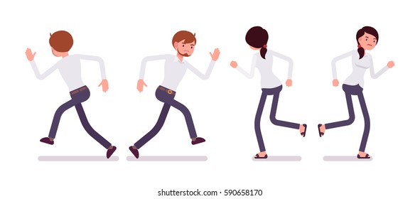 Set of young sad male and unhappy female clerk in a smart formal wear, running poses, in a hurry to the office, late for work, overload, full length, front and rear view isolated, white background