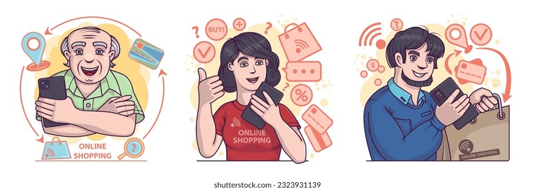 Set of young and senior buyers holding smartphones and makes online purchases. Paying with credit card, cashless concept. Profitable shopping day concept. Flat vector illustration in cartoon style