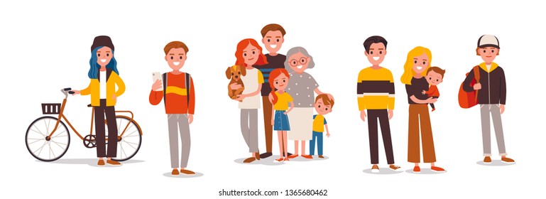 Set of young and senior people. Family with kids.