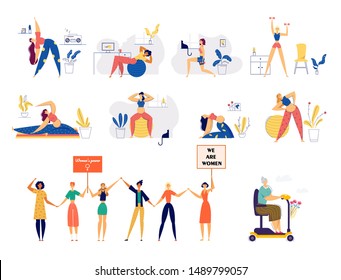 Set of Young and Senior Women Lifestyle. Girls Power Demonstration, Feminism Motion. Healthy Lifestyle and Fitness for Pregnant, Old Lady Driving Electric Scooter Cartoon Flat Vector Illustration