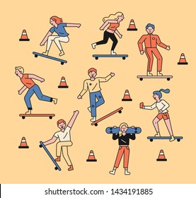 A set of young skaters. flat design style minimal vector illustration.