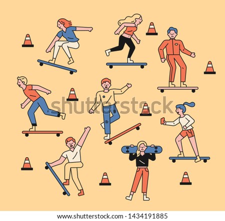 A set of young skaters. flat design style minimal vector illustration.