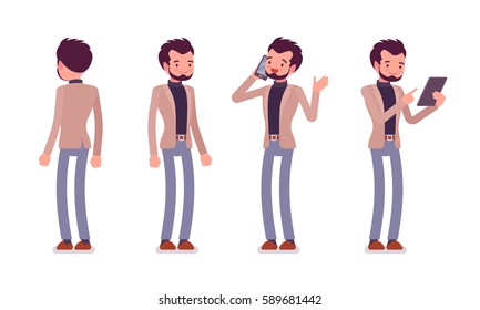 Set of young smiling dandy in a smart casual wear, standing poses, talking on phone, holding tablet, nice appearance and clothes, full length, front and rear view isolated against white background