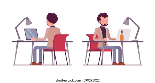 Set of young smiling dandy in smart casual wear, sitting at the desk and working at the laptop looking at screen, writing a weblog, shopping on-line, front and rear view, isolated, white background