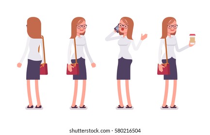 Set of young smiling female busy clerk in formal wear, standing poses, talking on phone in trouble, holding hot coffee mug, full length, front and rear view isolated against white background