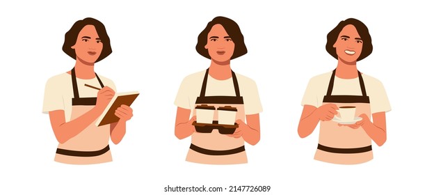 Conjunto de jóvenes sonrientes baristas con delantal llevando espresso, bolígrafo, taquilla de café, caja de café para clientes. Barista de trabajo. Cafetería y cafetería. Ilustración del carácter de un vector plano dibujado a mano