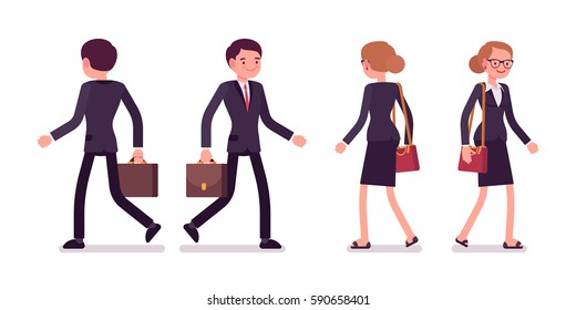 Set of young smiling and happy professional businessmen in a formal wear, walking poses, fellow workers going to the office or company, full length, front and rear view isolated, white background