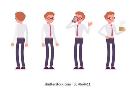 Set of young smiling male busy clerk in a smart formal wear, standing poses, talking on phone in trouble, holding hot coffee mug, full length, front and rear view isolated against white background