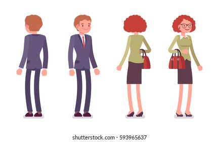 Set of young smiling male and female office workers in a smart formal wear, standing poses, fellow employees, colleagues, full length, front and rear view isolated against white background