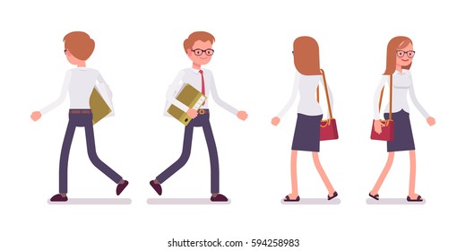 Set of young smiling male and female busy clerk in a smart formal wear, white-collar workers in walking poses, conducting general office tasks, full length, front, rear view isolated, white background