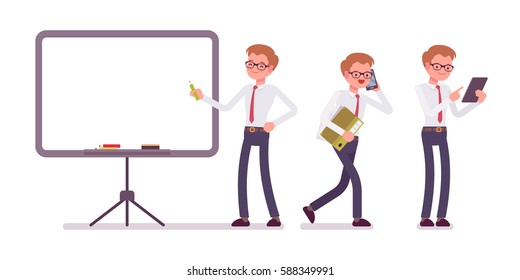 Set of young smiling male office clerk in a formal wear, standing near empty whiteboard, walking, talking on phone, copyspace, presentation of information, full length, isolated, white background