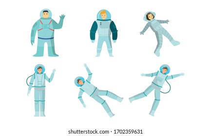 Set of young smiling men and women austronauts in special metallic costumes