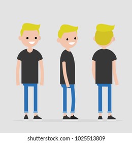 Set of young smiling millennial character design. Front, side and back view. Flat editable vector illustration, clip art