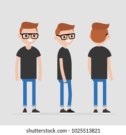 Set von jung lächelnden Jahrtausendfigur Design. Vorder-, Seite- und Rückseite. Flache bearbeitbare Vektorgrafik, Clipart-Kunst