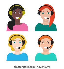 Set of young smiling mixed race woman telemarketer in flat style, Set of call-center operators of different nation in headsets. Business European, Asian, African American women.  Vector illustration.