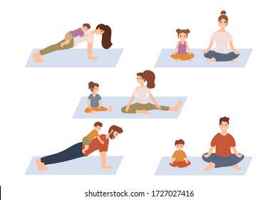 Set of young smiling parents with children do sport activities. Sport and healthy lifestyle, workout exercise. Yoga with kids, family time concept. Flat cartoon vector illustration.