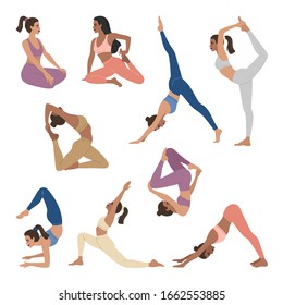 Set of young sports girls doing yoga exercises, 9 different poses of asanas. Vector colorful, flat illustration in modern hand drawn style, isolated on white background.