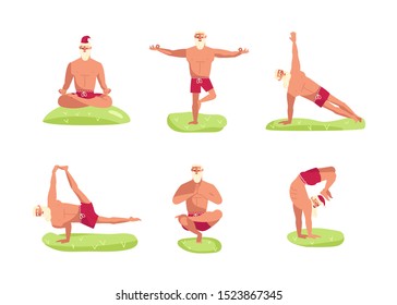 Set of Young sporty Santa Claus standing in yoga pose, xmas fitness activity. Cute character isolated on white. Flat Art Vector illustration