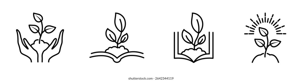 Set of young sprouting plant with three leaves, shown with variations including protective hands, book, soil, and sun rays, ideal for eco, education, and sustainability designs