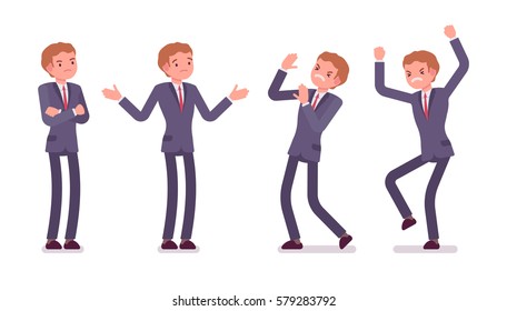 Set of young standing businessman in formal wear, showing negative emotions, lack of funding, bad business decision, crossed hands, stamping feet, full length, isolated against white background