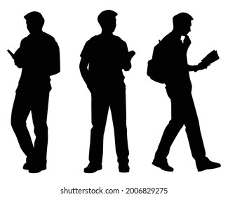 Set of young student with book and backpack silhouette vector on white background