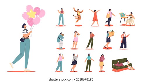 Set of young student cartoon girl with brunette hair in different lifestyle situations and poses: happy holding air balloons, crying, dancing, eating pizza at home, painting. Flat vector illustration