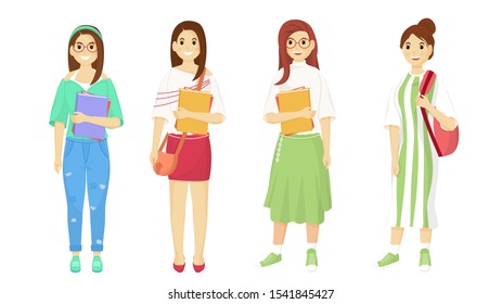 Set of young student girl in standing pose on white background.