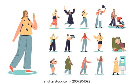 Set of young student teenager girl studying, travel work and chat with smartphone taking selfie photos. Cartoon female character person graduating and relaxing. Flat vector illustration