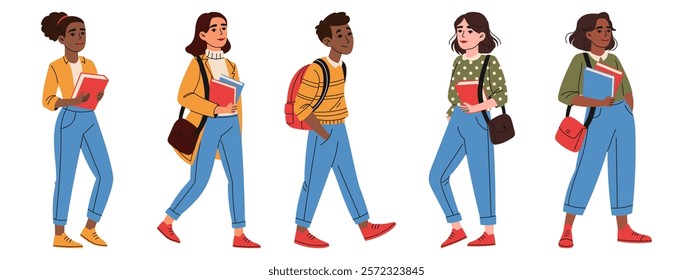 Set of young students with backpacks and books. Education concept. Hand drawn style.