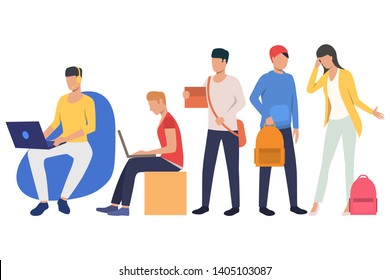 Set of young students busy with different activities. Group of flat cartoon characters using portable gadgets. Vector illustration can be used for presentation, educational project, podcast cover