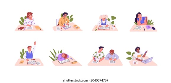 Set of young students and pupils sitting at desk and studying. School children writing and reading. Happy and bored kids at table. Flat vector illustration of schoolkids isolated on white background