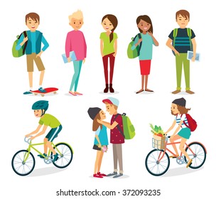 set of young style people, students, people with bike