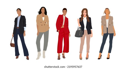 Set of young stylish businesswomen wearing formal and smart casual office outfits. Attractive girls Lady boss female characters. Cartoon vector realistic illustrations isolated.