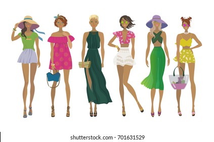 Set of young stylish girls. Fashion models. Summer trendy outfits. Vector isolated eps10 illustration
