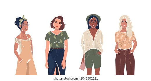 Set of young stylish women or girls. Feminist activists. Flat characters. Isolated on white background. Vector stock illustration.