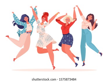 Set of young, stylish women jumping and dancing on white background. Successful self-sufficient women, theme of feminism, successful struggle for women's rights, concept of friendship and teamwork.