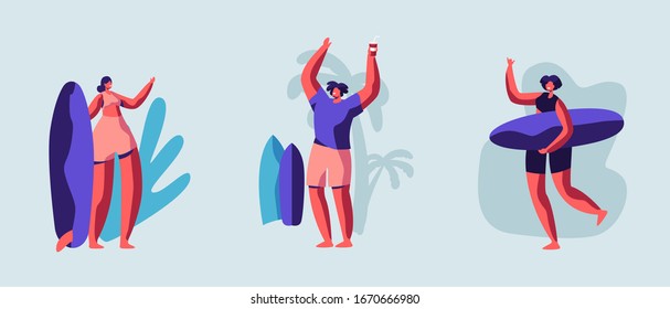 Set of Young Surfers Characters with Surf Boards Relaxing Drinking Cocktails, Dancing. Summertime Vacation Leisure, Surfing Sport Recreation, Summer Sports Activity. Cartoon People Vector Illustration