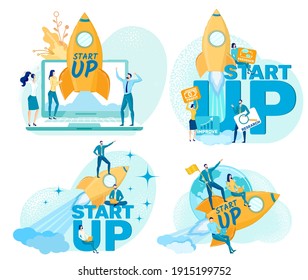Set, Young Teams Start up, Bright Illustration. Business Rocket Flies Forward to Success. Team Young Developers use Profit, Improve Skills, Research and Look for Feedback. They are Working Laptops.