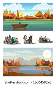Set of young tourists hiking. Flat vector illustrations of family resting at nature. Outdoor recreation concept for banner, website design or landing web page