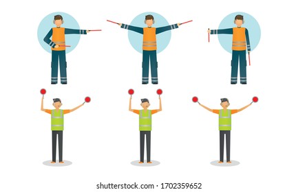 Set of young traffic controller in special costume with equipment during work