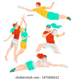 Set of young ultimate players flat hand drawn vector illustration. Girls and boy are throwing and catching the disk in layout.