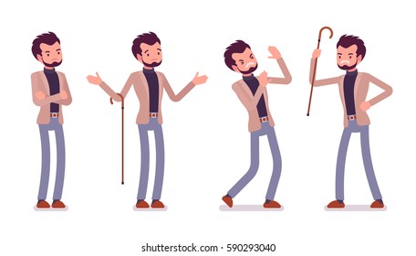 Set of young unhappy dandy in smart casual wear showing negative emotions, puzzled and troubled, quarrelling and attacking with cane, lost and questioning, full length, isolated, white background