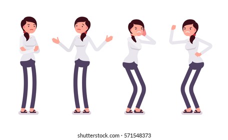 Set of young unhappy female clerk in formal wear, showing negative emotions, puzzled worker, troubled with deadline, crossed hands, aggressive, full length, isolated against white background