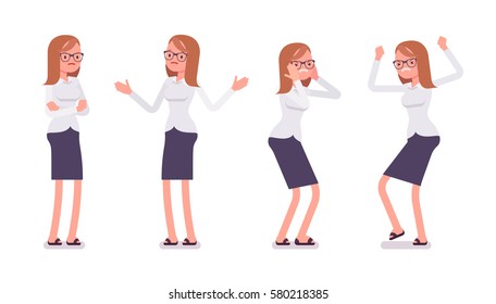 Set of young unhappy female clerk in formal wear, showing negative emotions, puzzled worker, troubled with deadline, crossed hands, stamping feet, full length, isolated against white background