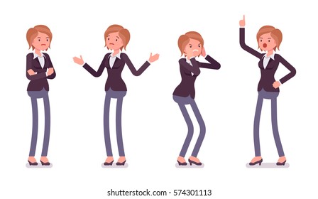 Set of young unhappy female manager in formal wear, showing negative emotions, lack of funding, bad business decision, crisis, crossed hands, aggressive, full length, isolated against white background